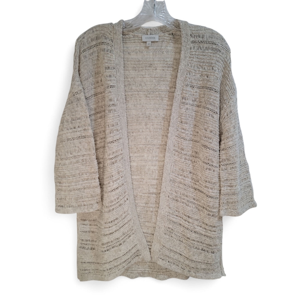 Kinross Long‎ Medium Open Cardigan Tan 3/4 Sleeve Cotton Casual